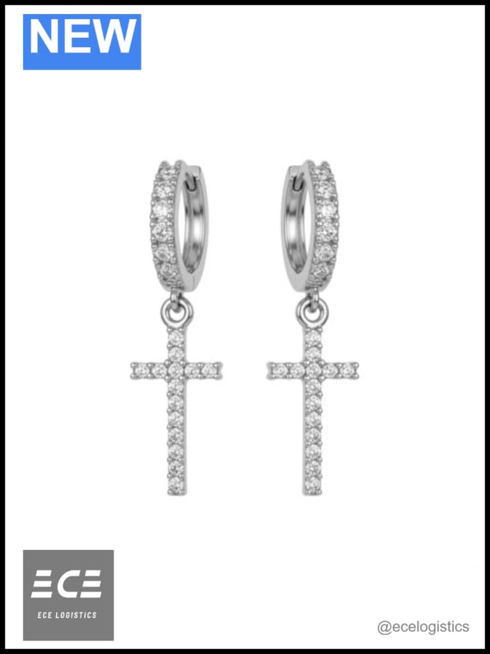 Sterling Silver Dangle Cross Huggie Hoop Earrings CZ Unisex